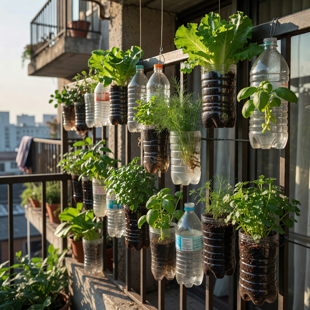 Balcony vegetable bottle garden setup overview