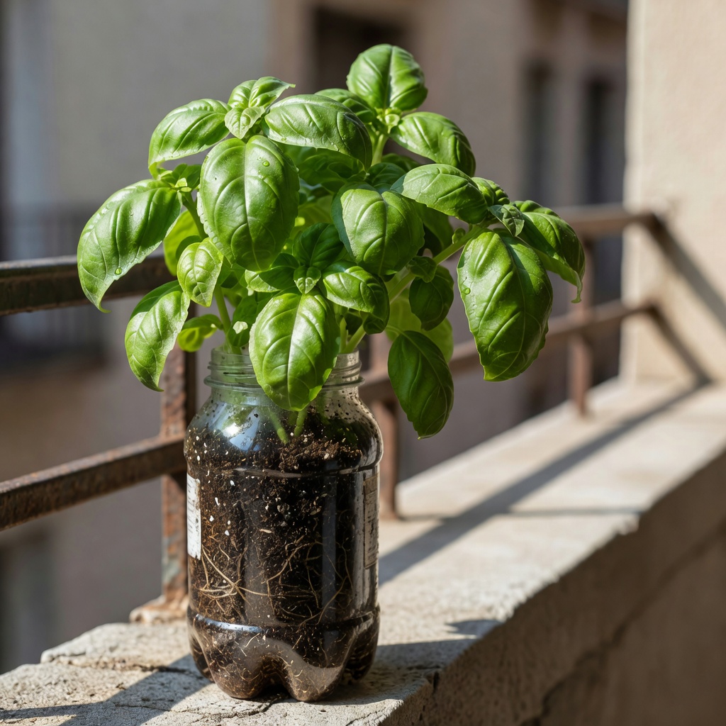 Basil growing lushly in a plastic bottle on a sunny balcony