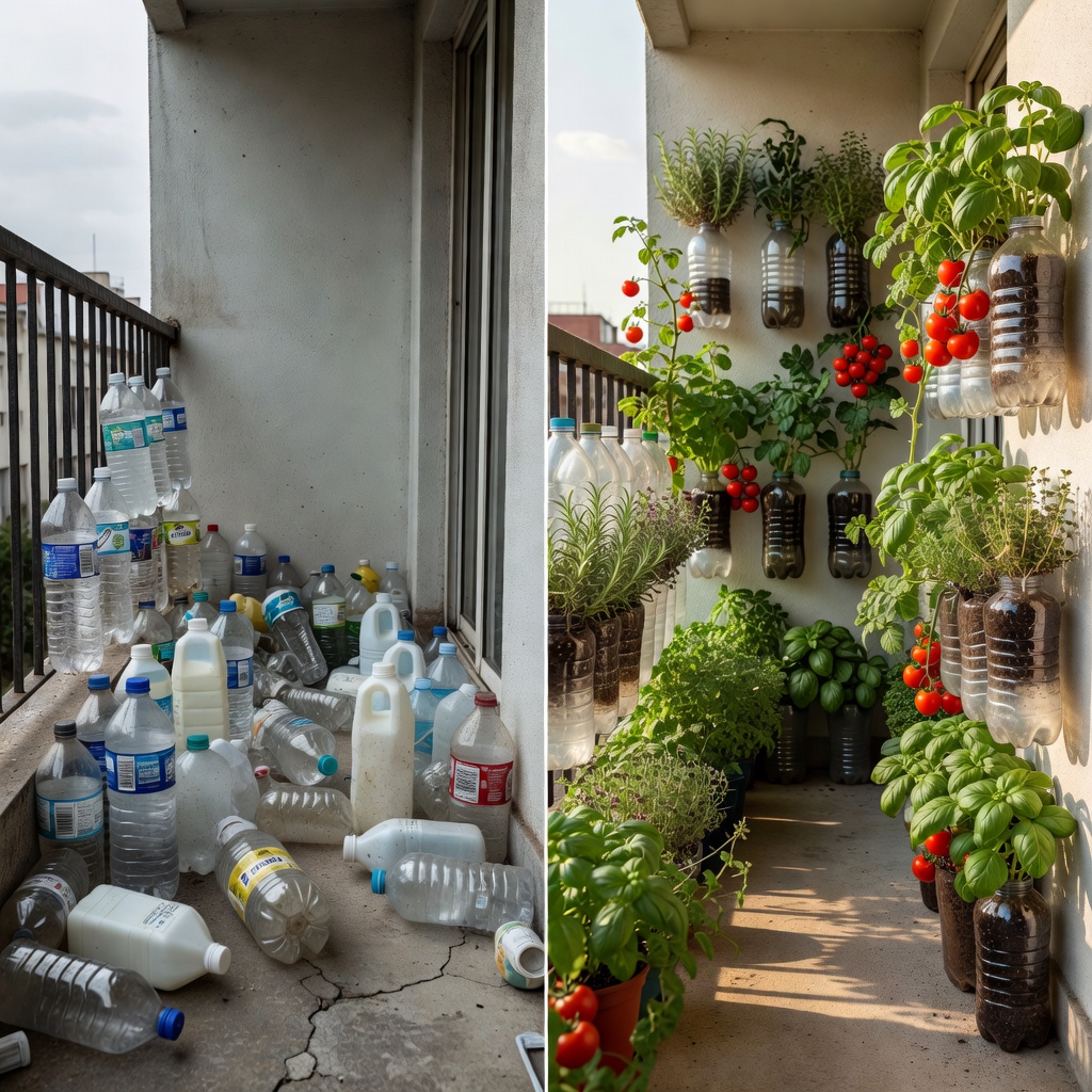 Before and after transformation of a balcony bottle garden