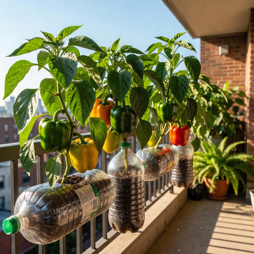 Bell pepper plant growing in plastic bottle containers on a balcony