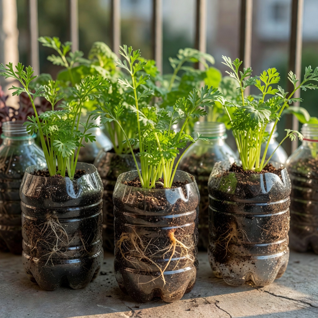 Carrot tops growing in shallow cut plastic bottle planters on a balcony