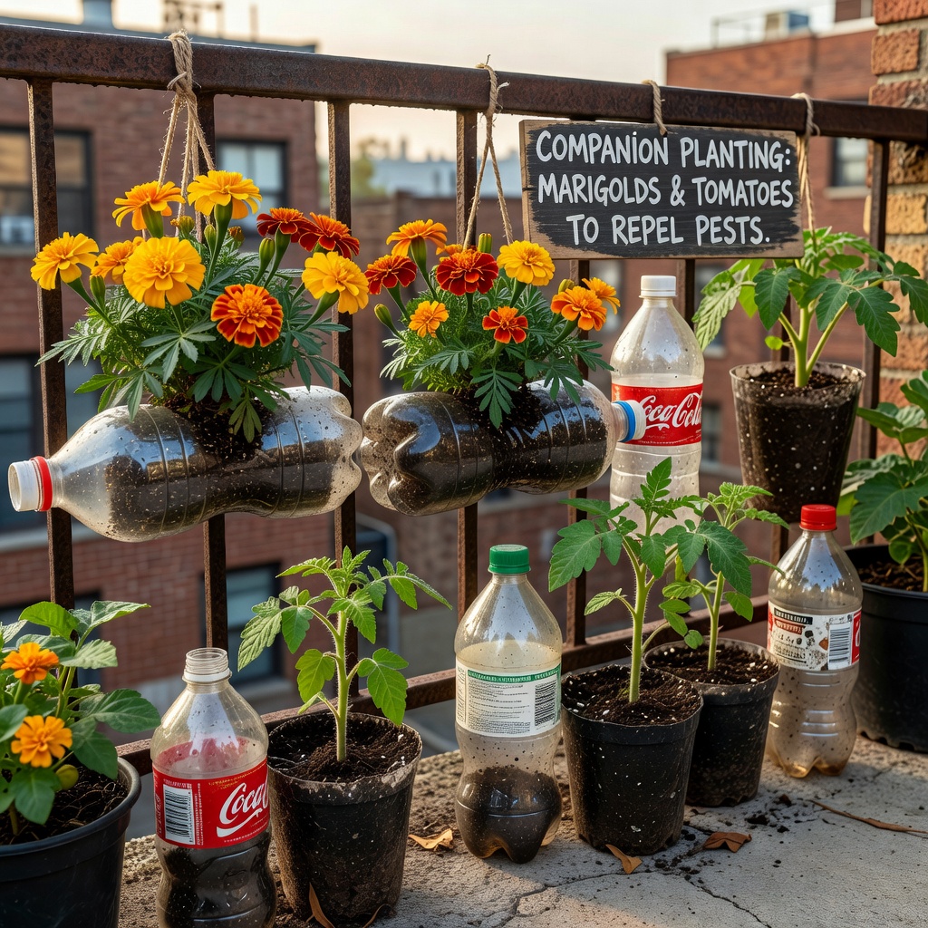 Companion planting with marigolds and tomatoes in bottle planters