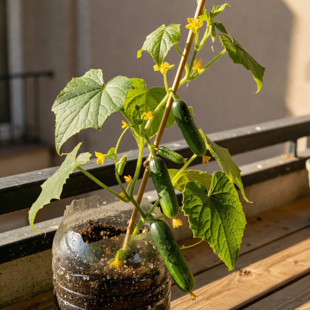 Cucumber vine growing from a plastic bottle planter on a balcony