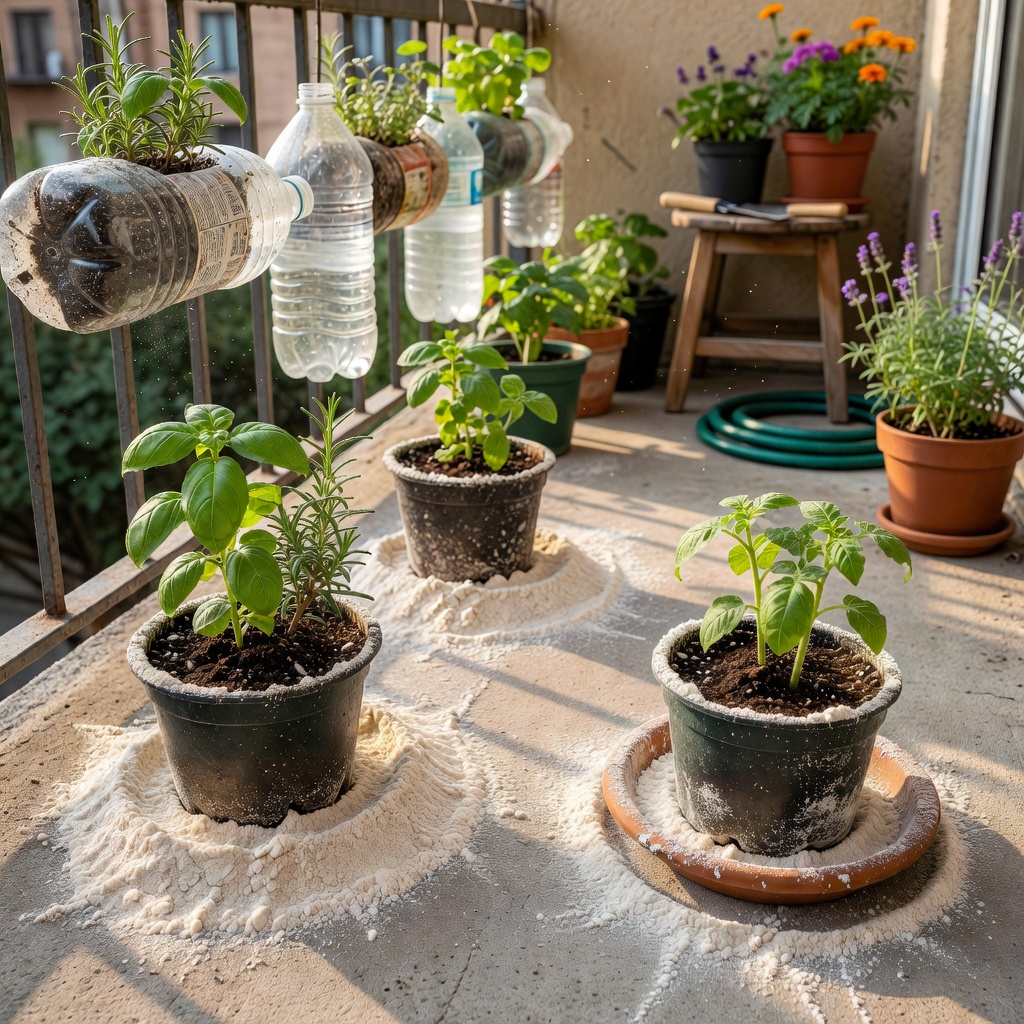 Diatomaceous earth being applied around bottle planters to repel bugs