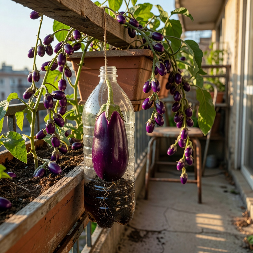 Healthy eggplant growing in a plastic bottle planter on a balcony