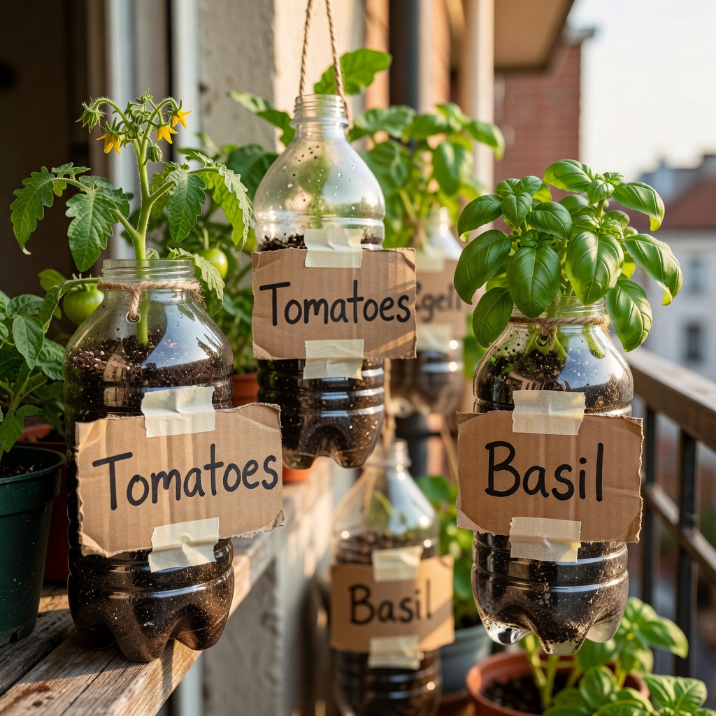 Neatly labeled plastic bottle planters on a balcony