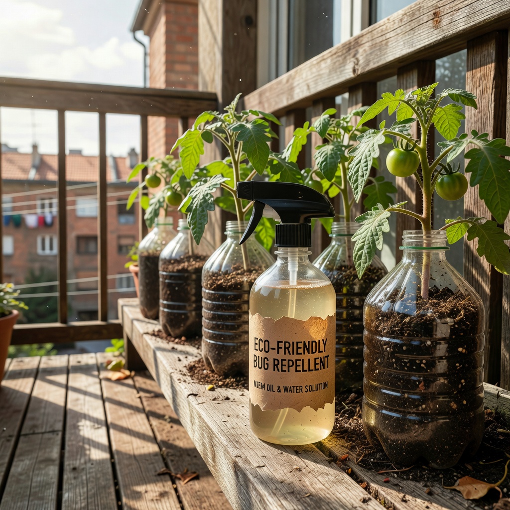 Neem oil spray being applied to balcony vegetable plants as an eco-friendly bug repellent
