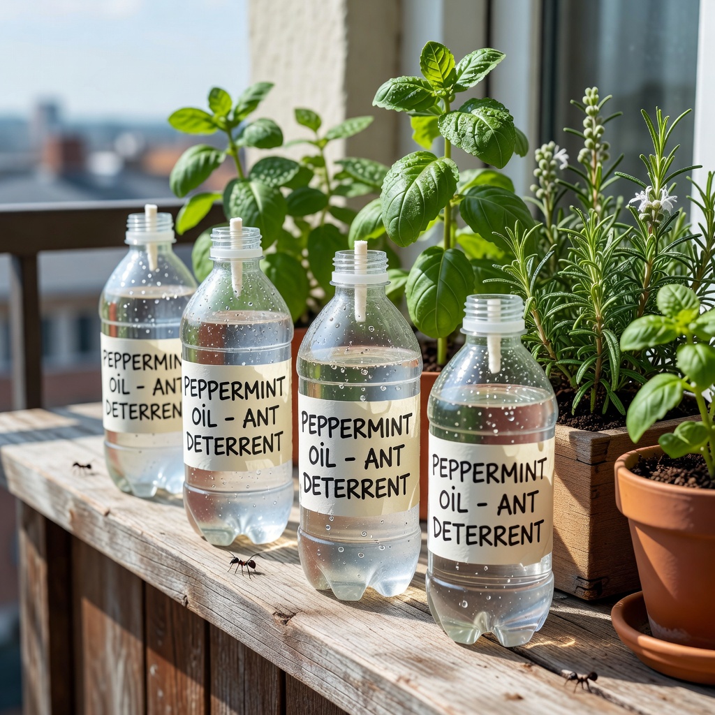 Peppermint oil being used as an eco-friendly ant repellent in a bottle garden