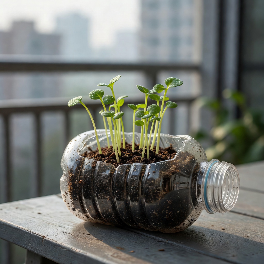 Fresh radish sprouts growing in a plastic bottle planter