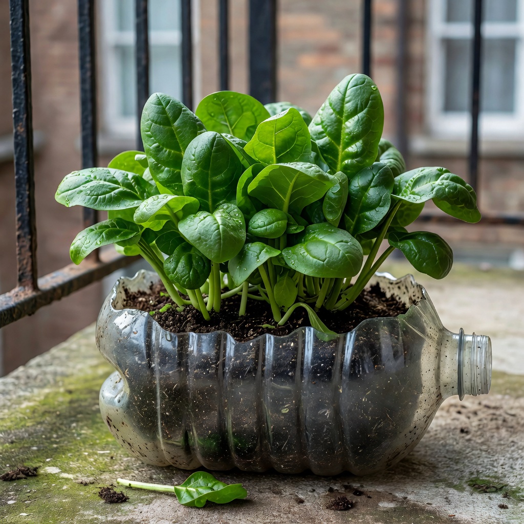 Lush spinach growing in a large plastic bottle planter