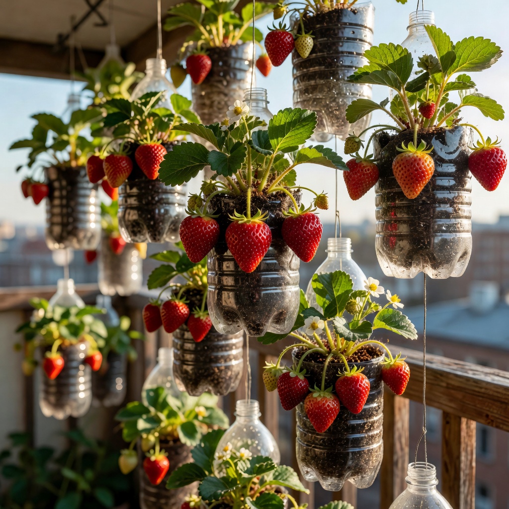 Strawberry plants cascading from hanging plastic bottles on a balcony railing