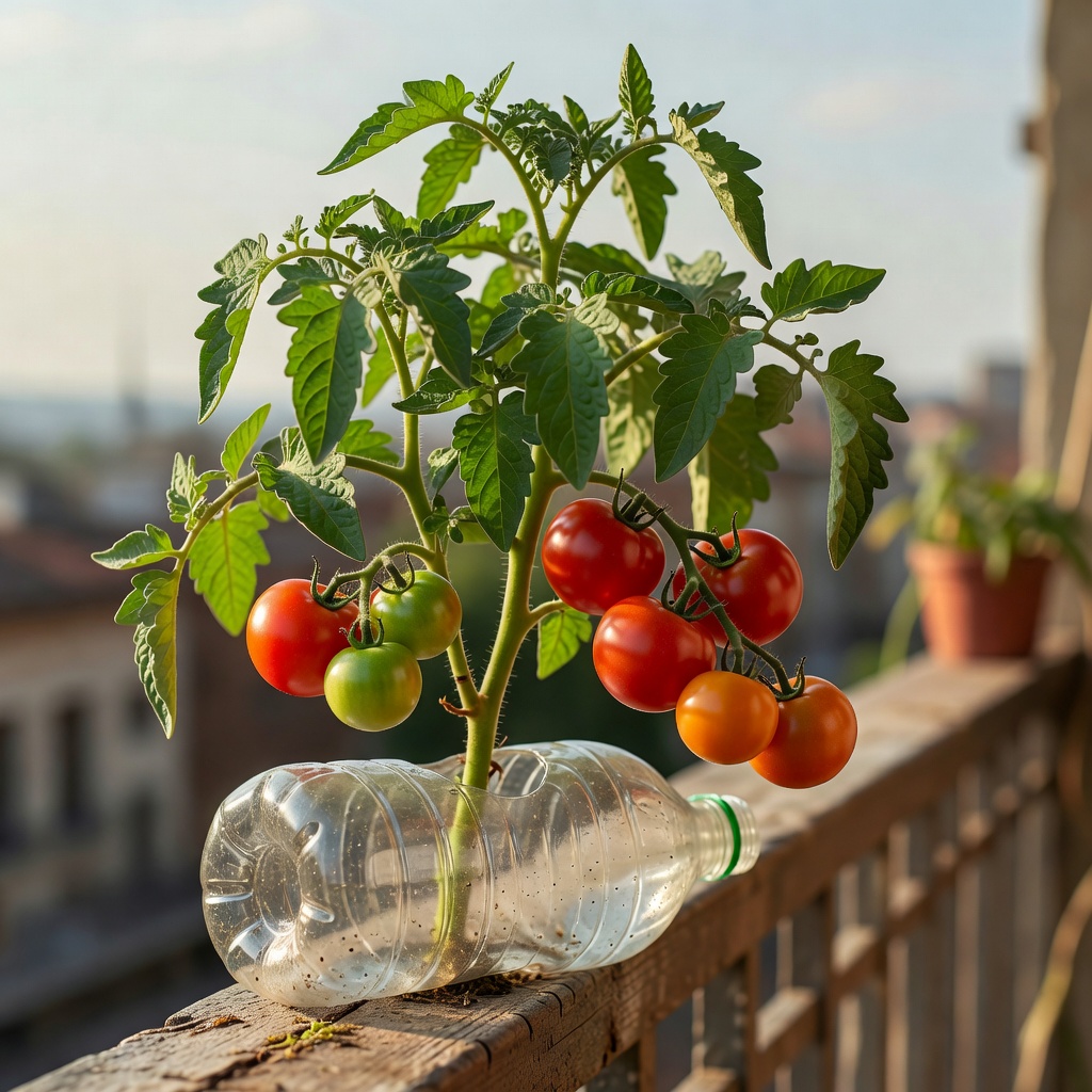 Tomato plant growing successfully in a large plastic bottle on a balcony