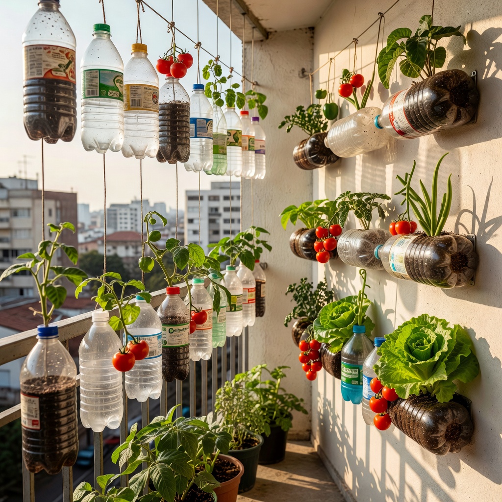 Urban balcony transformed with plastic bottle vegetable gardens