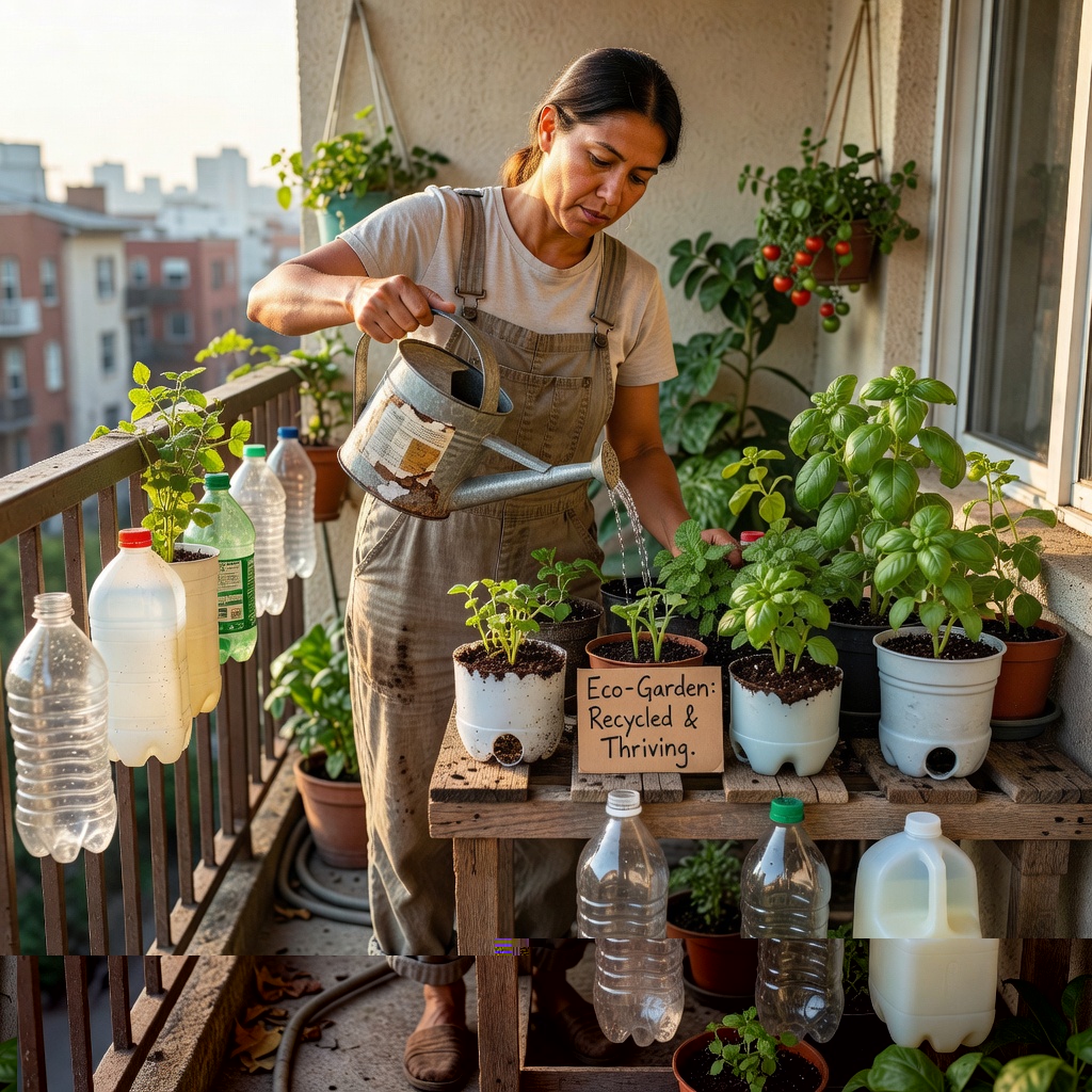 Person gently watering plastic bottle planters on a balcony in the morning