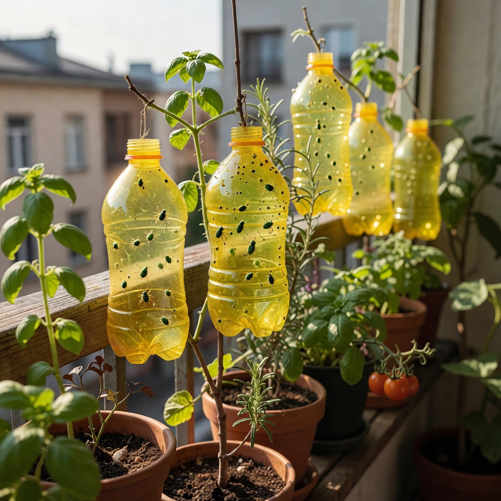 Yellow sticky traps placed between bottle planters to catch pest insects